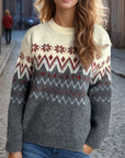 Chevron Contrast Round Neck Long Sleeve Sweater