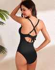 Light Gray Crisscross Cutout V-Neck One-Piece Swimwear Sentient Beauty Fashions Swimwear