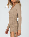 Drawstring Ruched Long Sleeve Mini Dress