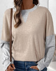 Perfee Contrast Round Neck Long Sleeve T-Shirt