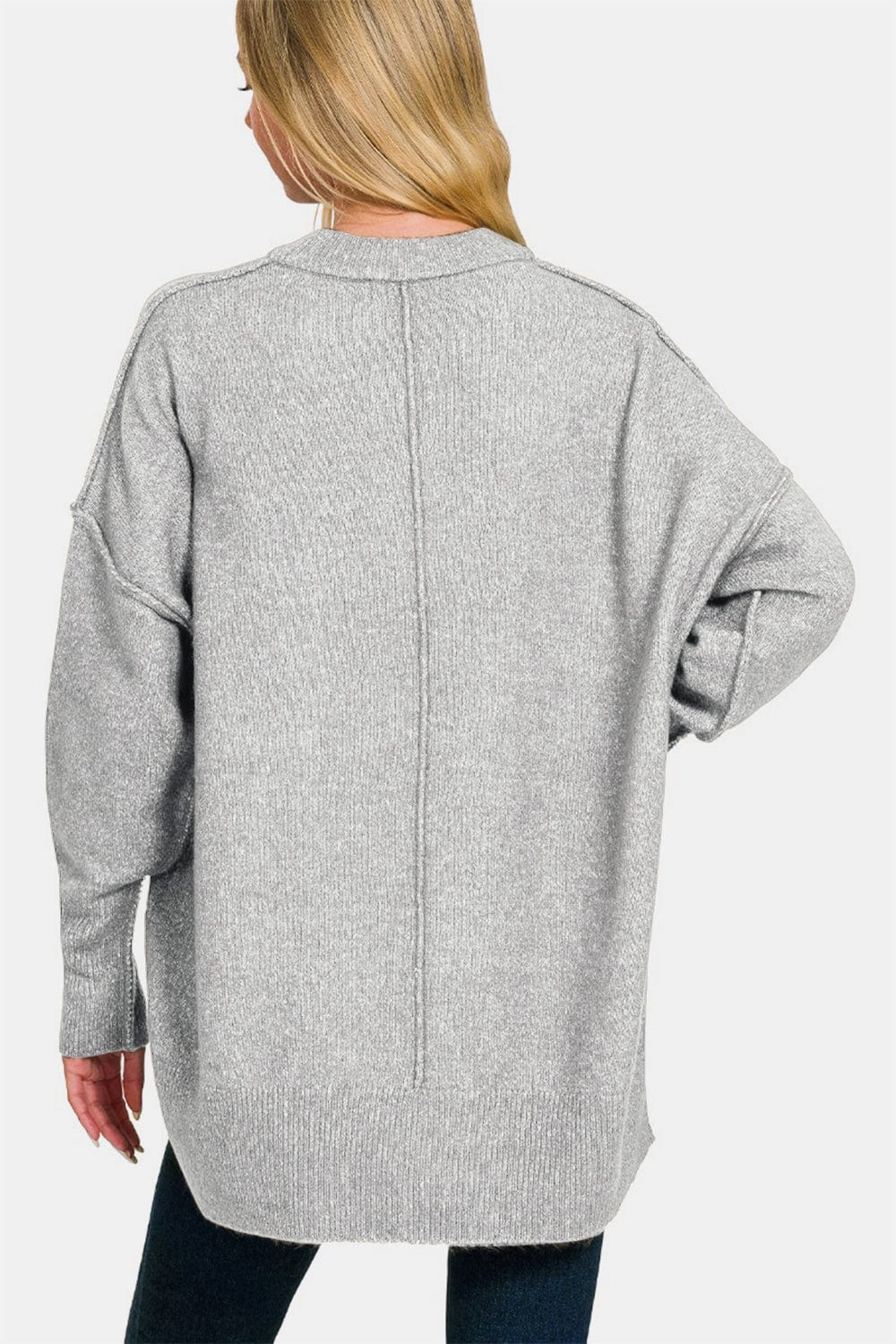 Light Gray Zenana High-Low Hem Drop Shoulder Sweater