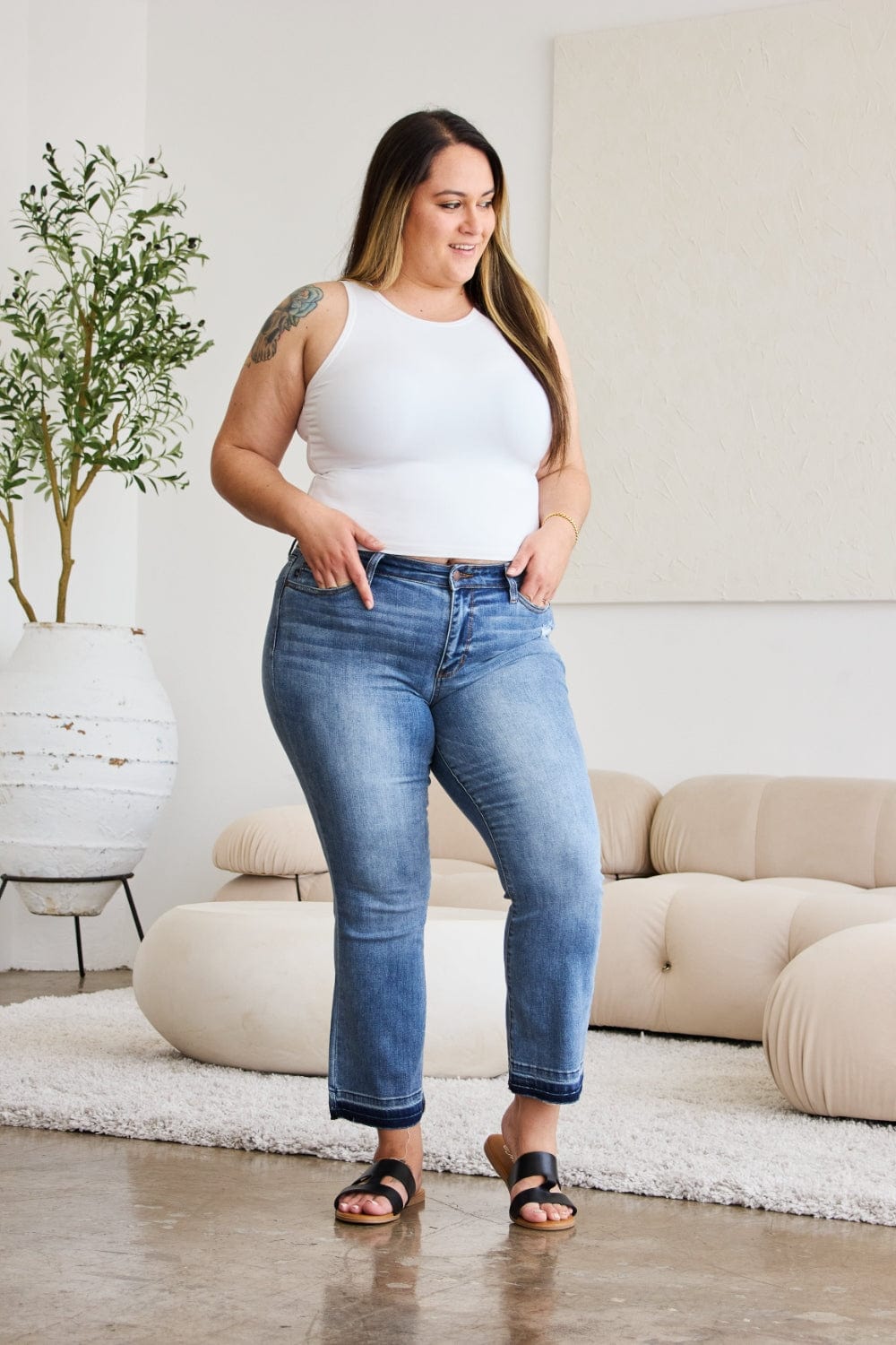 Light Gray Judy Blue Full Size Release Hem Cropped Bootcut Jeans Sentient Beauty Fashions Apparel &amp; Accessories