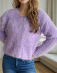 Heart Button Round Neck Cardigan