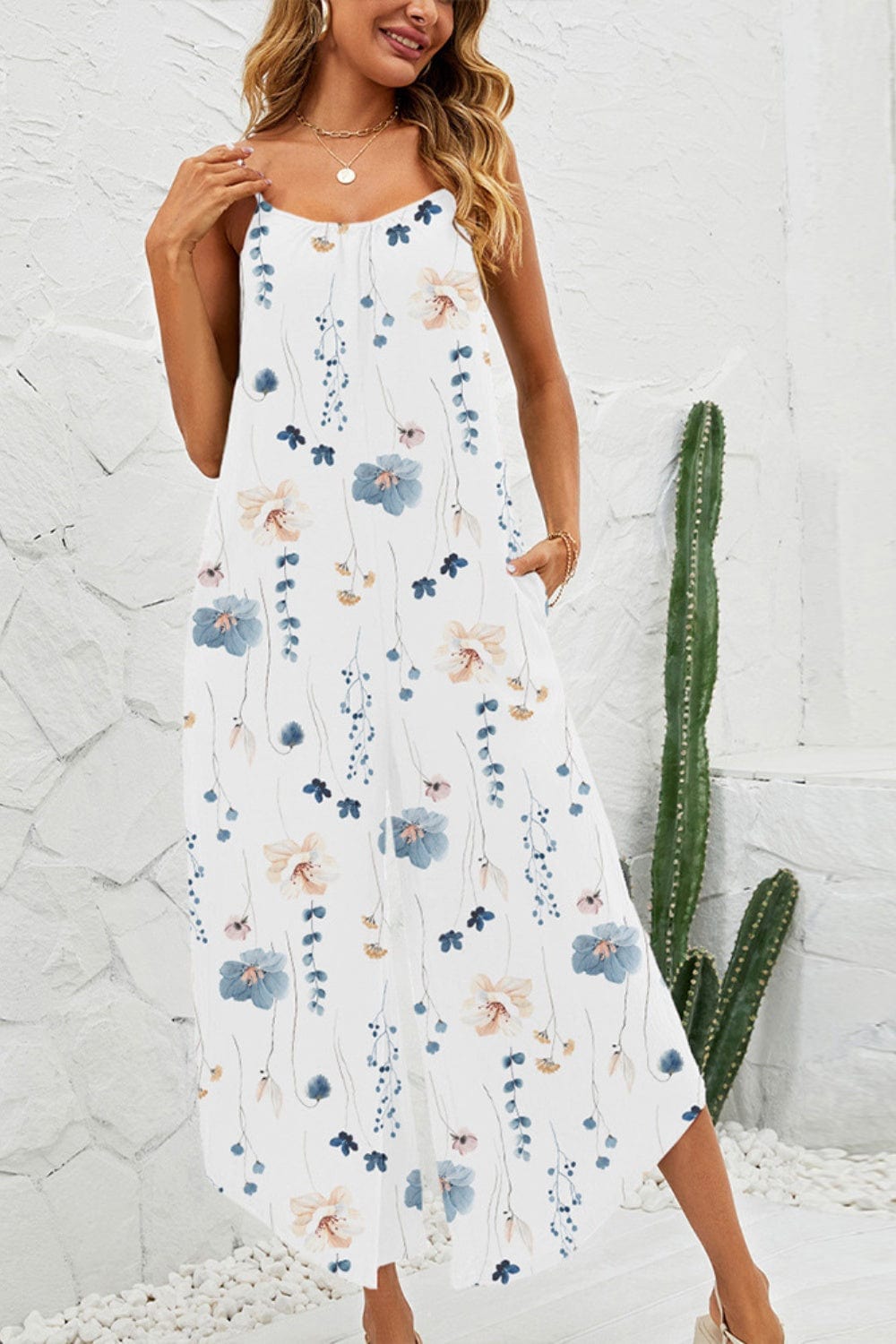 Light Gray Printed Scoop Neck Wide Leg Jumpsuit