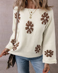 Flower Round Neck Long Sleeve Sweater