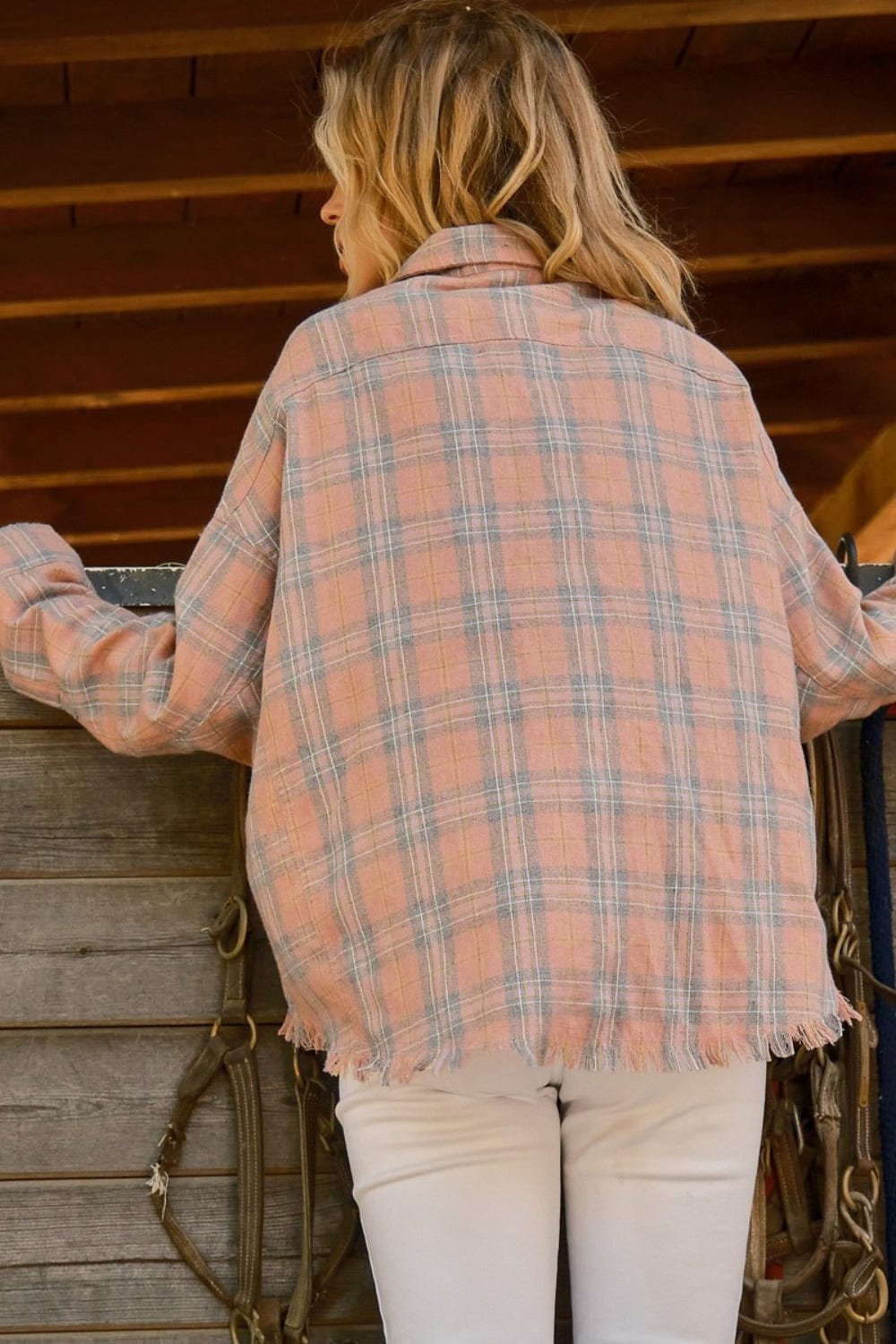 Rosy Brown And The Why Full Size Plaid Button Up Raw Hem Shirt