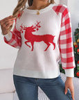 Reindeer Plaid Round Neck Long Sleeve Sweater