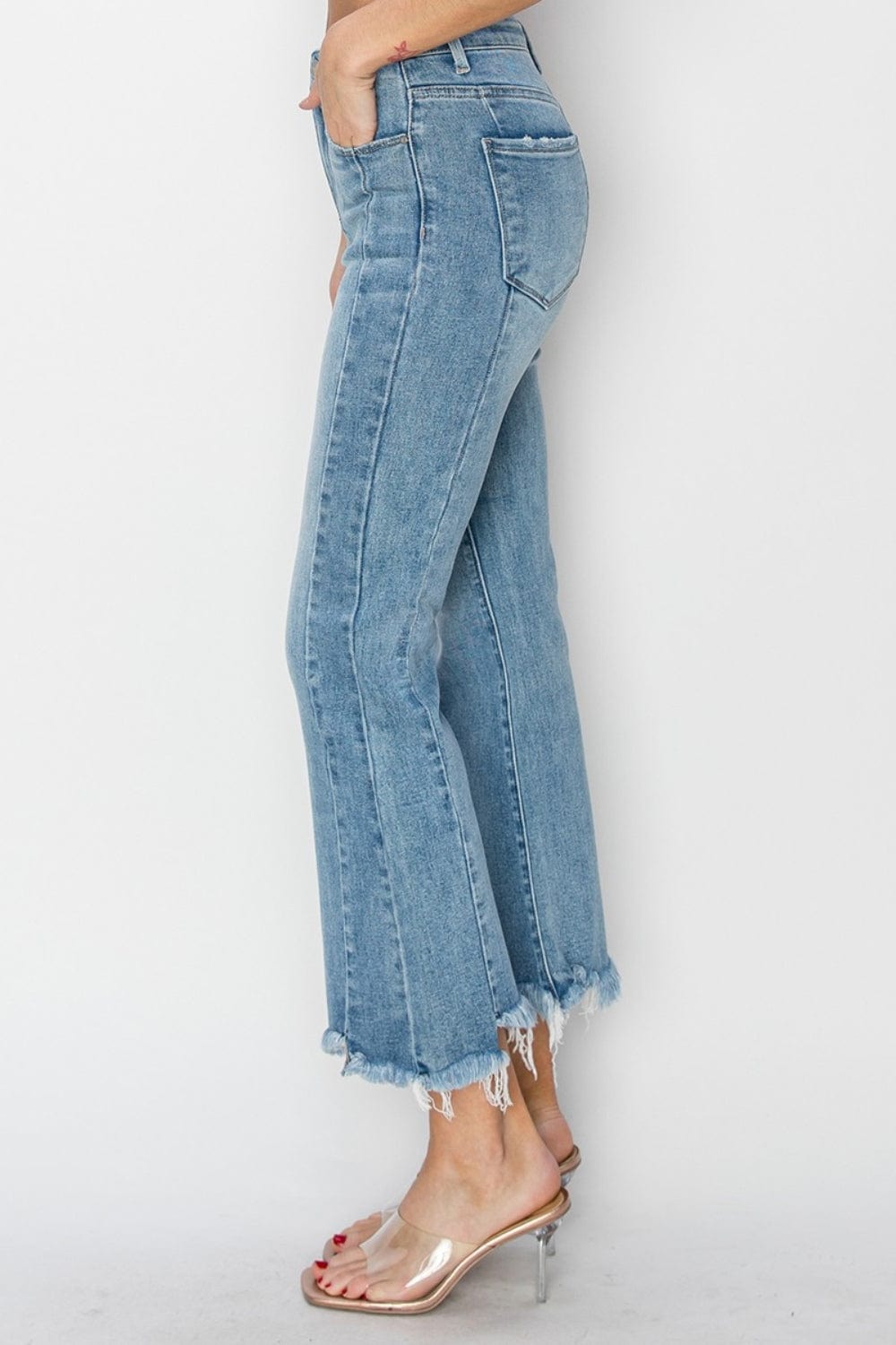 Light Gray RISEN Full Size High Rise Frayed Hem Flare Jeans