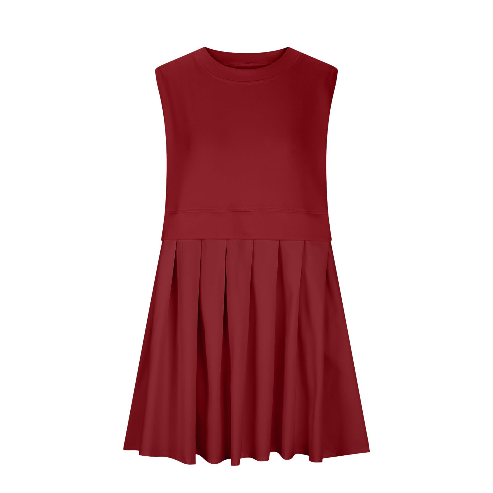 Dark Red Pleated Round Neck Sleeveless Mini Dress