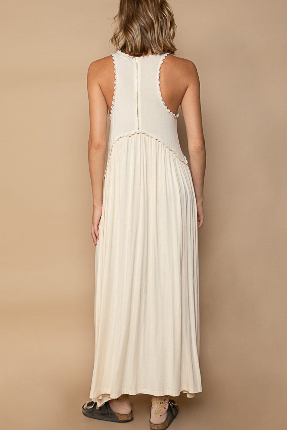 Tan POL Sleeveless Back Zipper Front Slit Maxi Dress