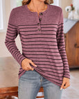 Lovelet Quarter Button Striped Round Neck Long Sleeve T-Shirt