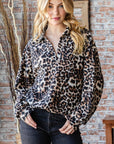 Dark Gray Heimish Full Size Leopard Johnny Collar Long Sleeve Top