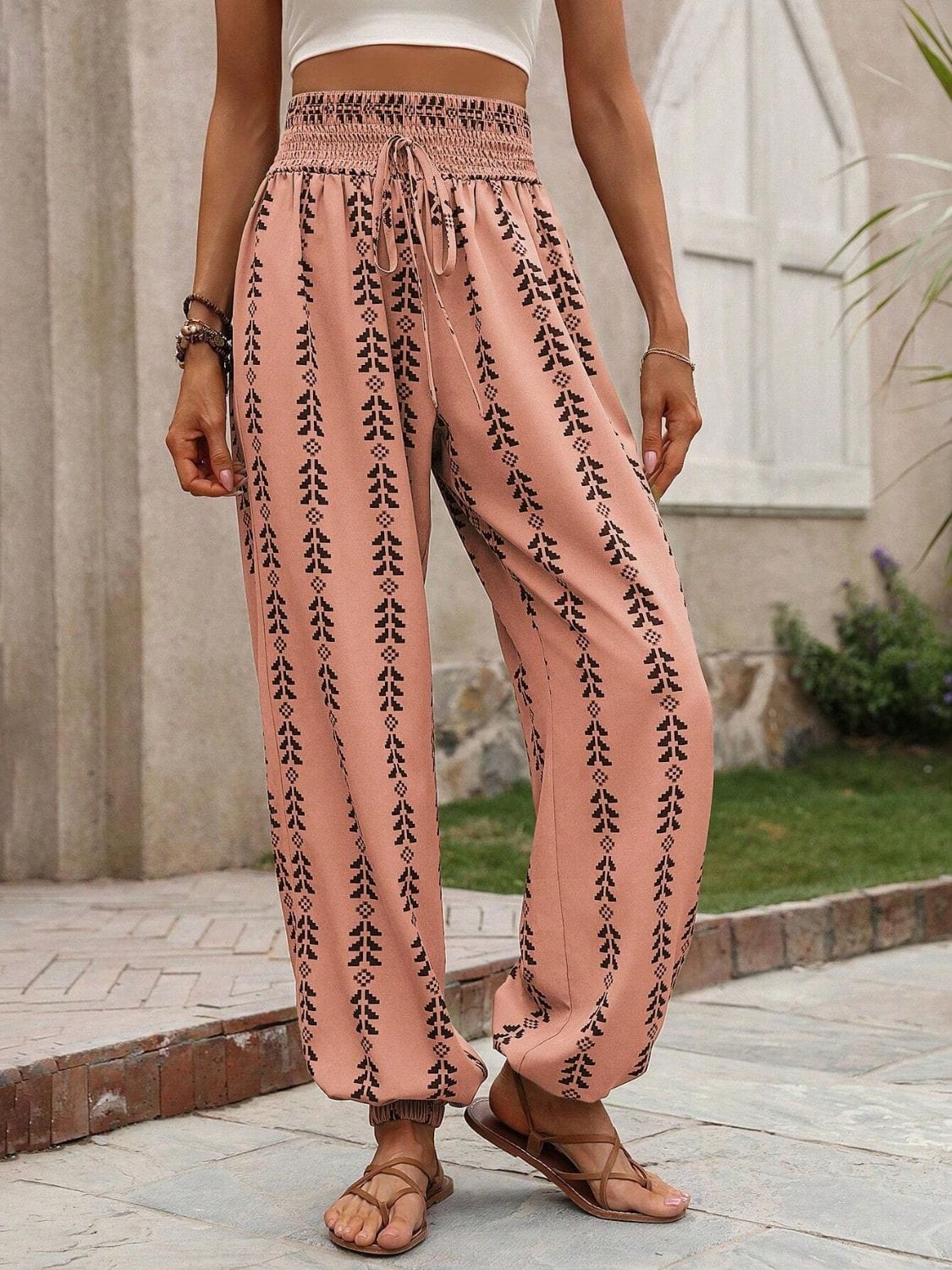 Rosy Brown Tied Printed High Waist Pants