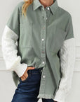 Raw Hem Collared Neck Button Up Long Sleeve Jacket