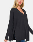 Zenana V-Neck Side Slit High-Low Sweater