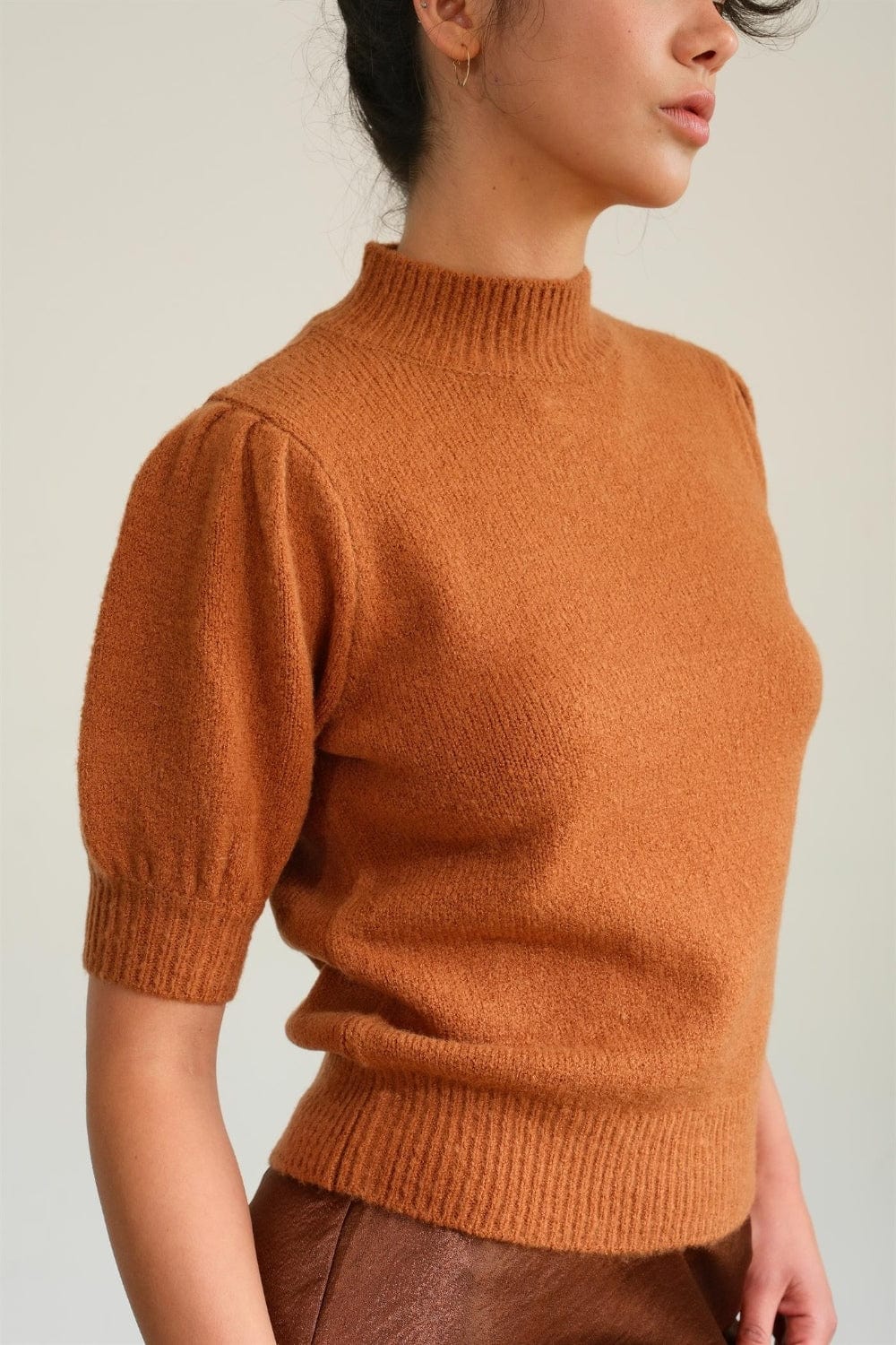 Chocolate HYFVE Mock Neck Puff Sleeve Sweater