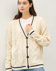 Be Cool Contrast Trim Cable-Knit V-Neck Cardigan