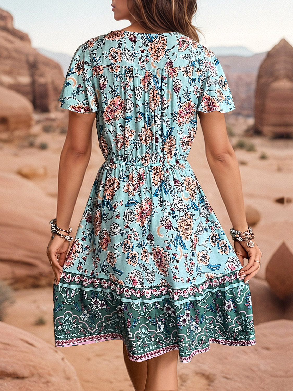 Rosy Brown Printed V-Neck Flutter Sleeve Dress Sentient Beauty Fashions Apaparel & Accessories