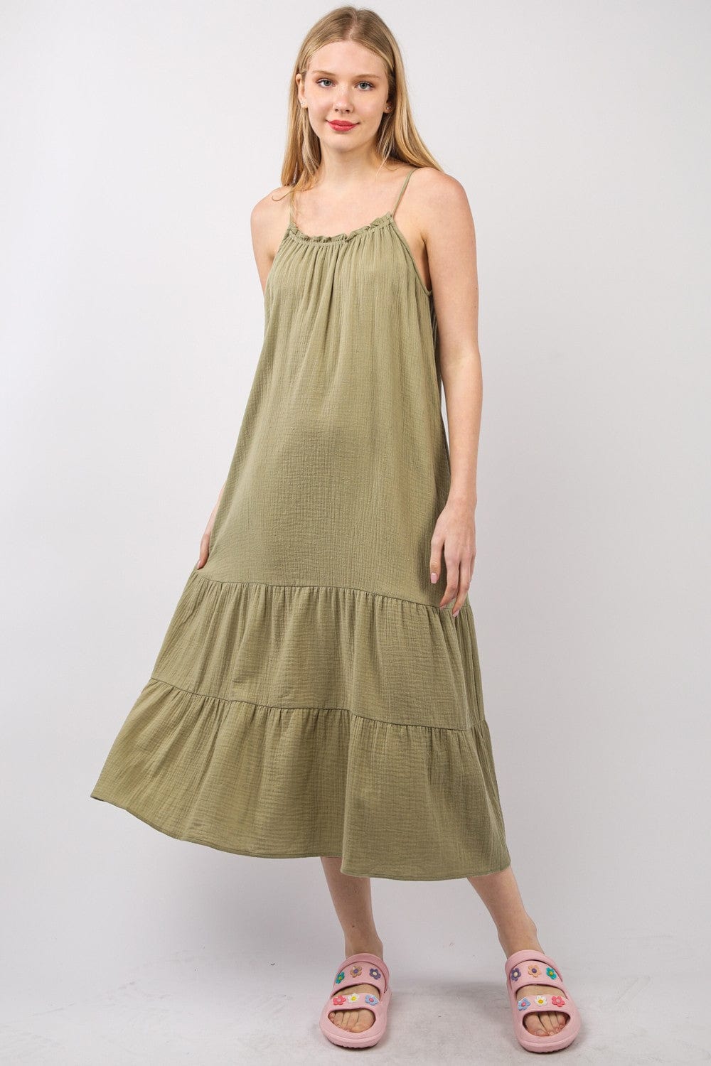 Light Gray VERY J Ruffled A-Line Midi Cami Dress