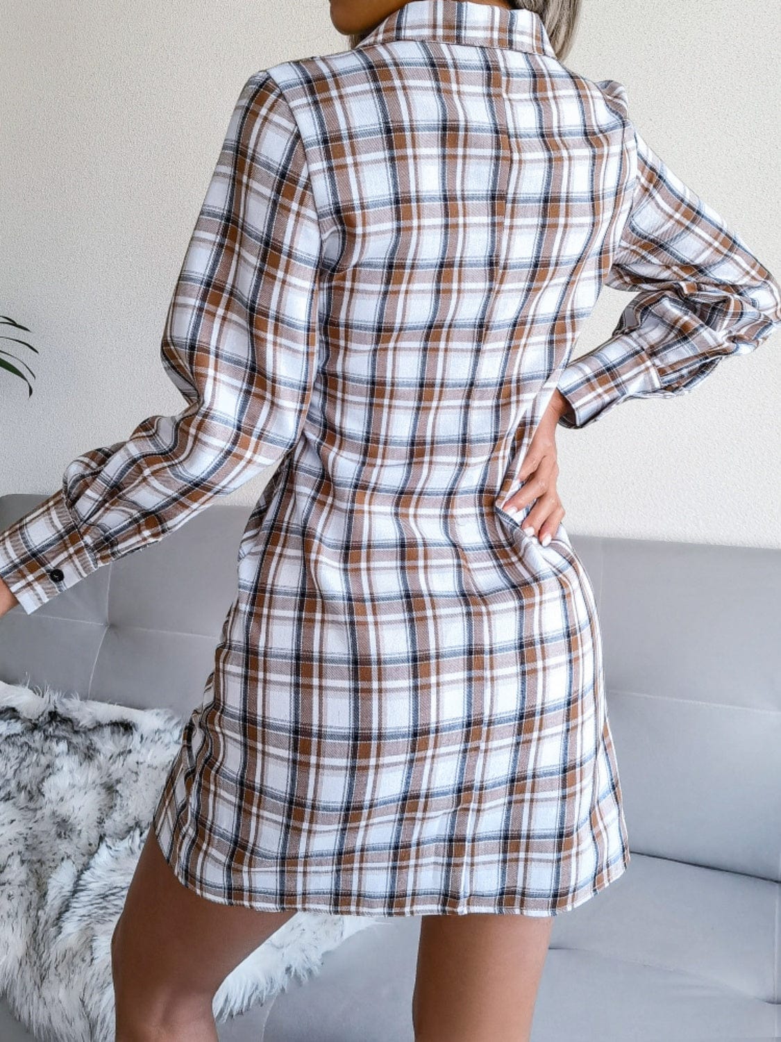 Gray Tied Plaid Long Sleeve Mini Shirt Dress