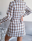 Gray Tied Plaid Long Sleeve Mini Shirt Dress