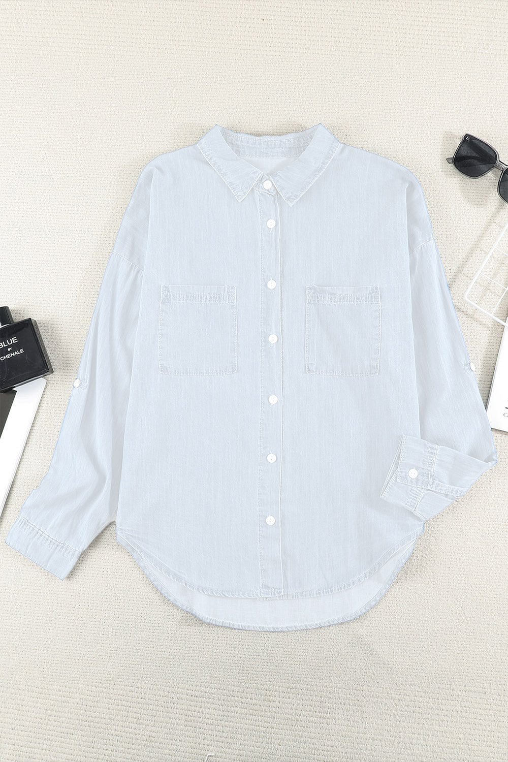 Light Gray Pocketed Button Up Long Sleeve Denim Shirt Sentient Beauty Fashions Apaparel & Accessories