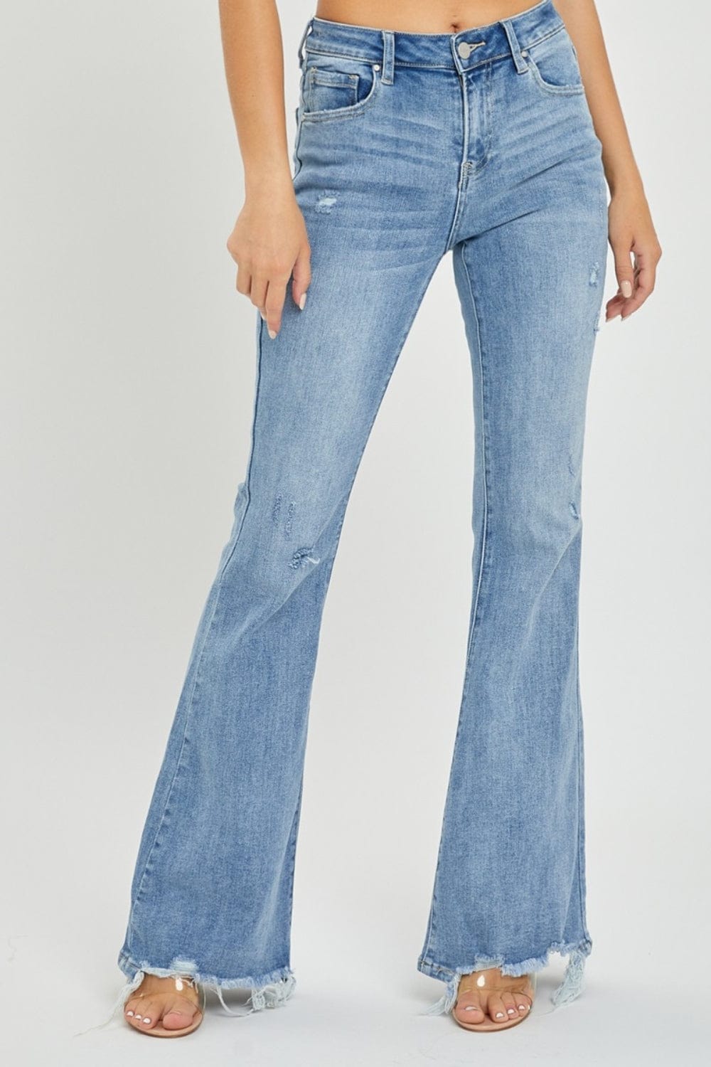 Light Gray Risen Full Size High Rise Frayed Hem Flare Jeans