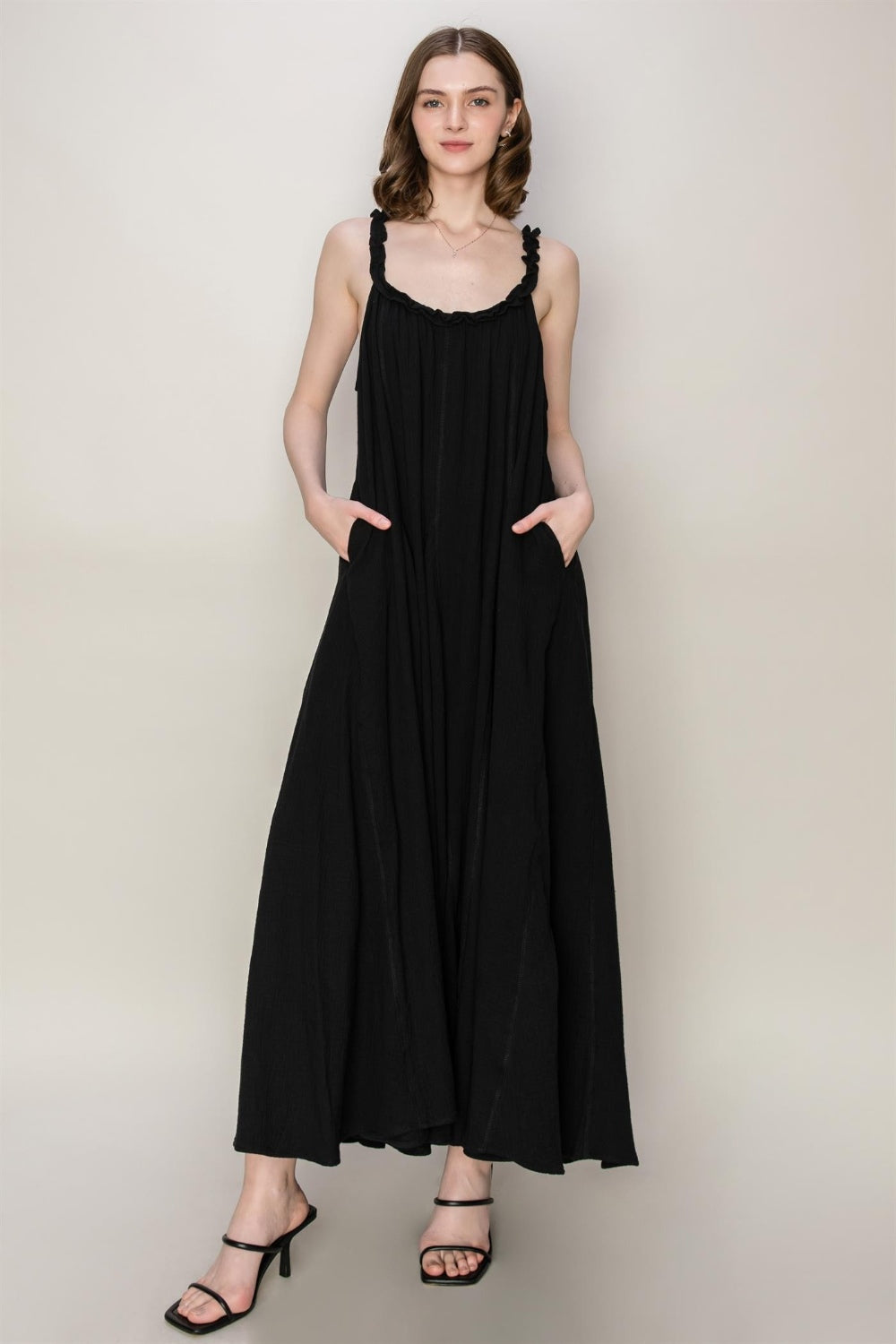 Light Gray HYFVE Frill Sleeveless A-Line Maxi Dress Sentient Beauty Fashions Apparel & Accessories