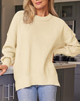 Wheat Slit Round Neck Dropped Shoulder Sweater