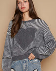 POL Round Neck Heart Patch Zipper Point Sleeve Sweater