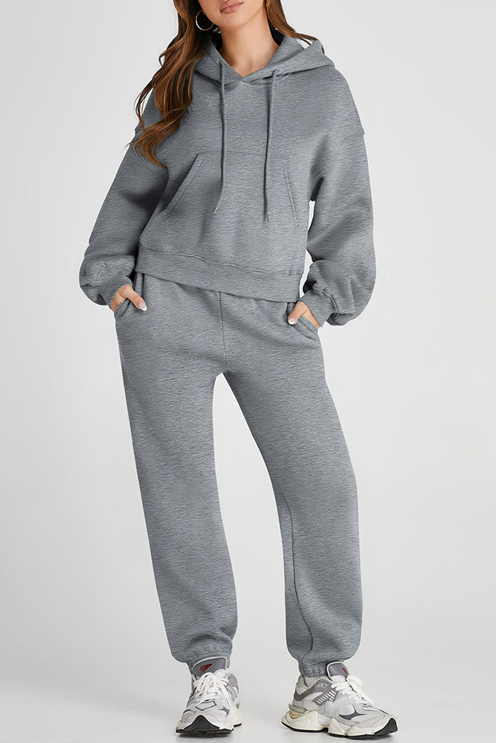 Light Gray Dropped Shoulder Hooded Top and Pants Active Set