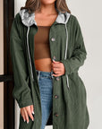 Drawstring Button Up Long Sleeve Hooded Jacket