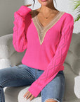 Rosy Brown Openwork V-Neck Long Sleeve Sweater