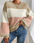 Color Block Round Neck Lantern Sleeve Sweater