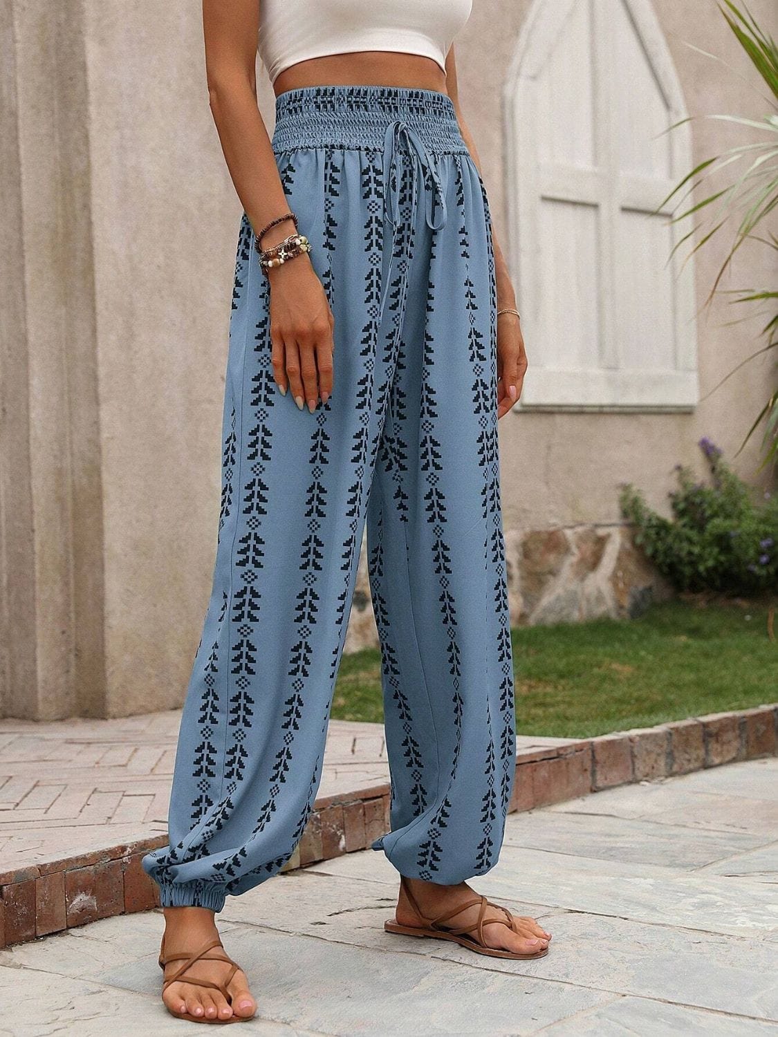 Dark Gray Tied Printed High Waist Pants