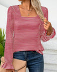 Striped Square Neck Flounce Sleeve Top