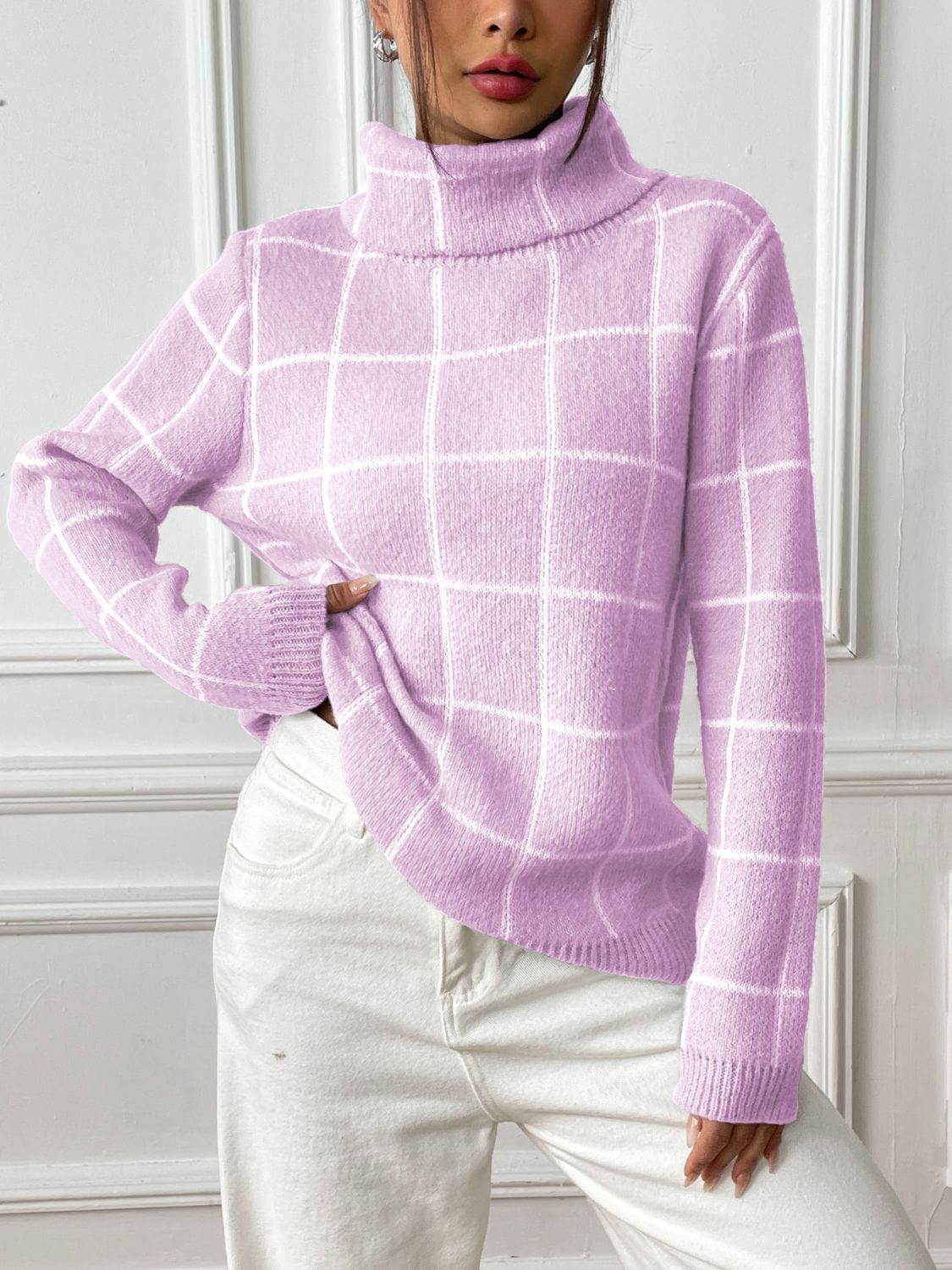 Light Gray Plaid Turtleneck Long Sleeve Sweater