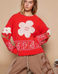 POL Flower Lace Patch Long Sleeve Sweater