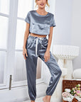 Satin Short Sleeve Crop Top and Joggers Lounge Set