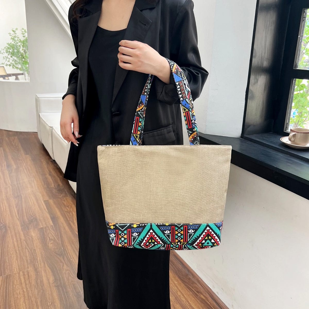 Black Geometric Medium Tote Bag