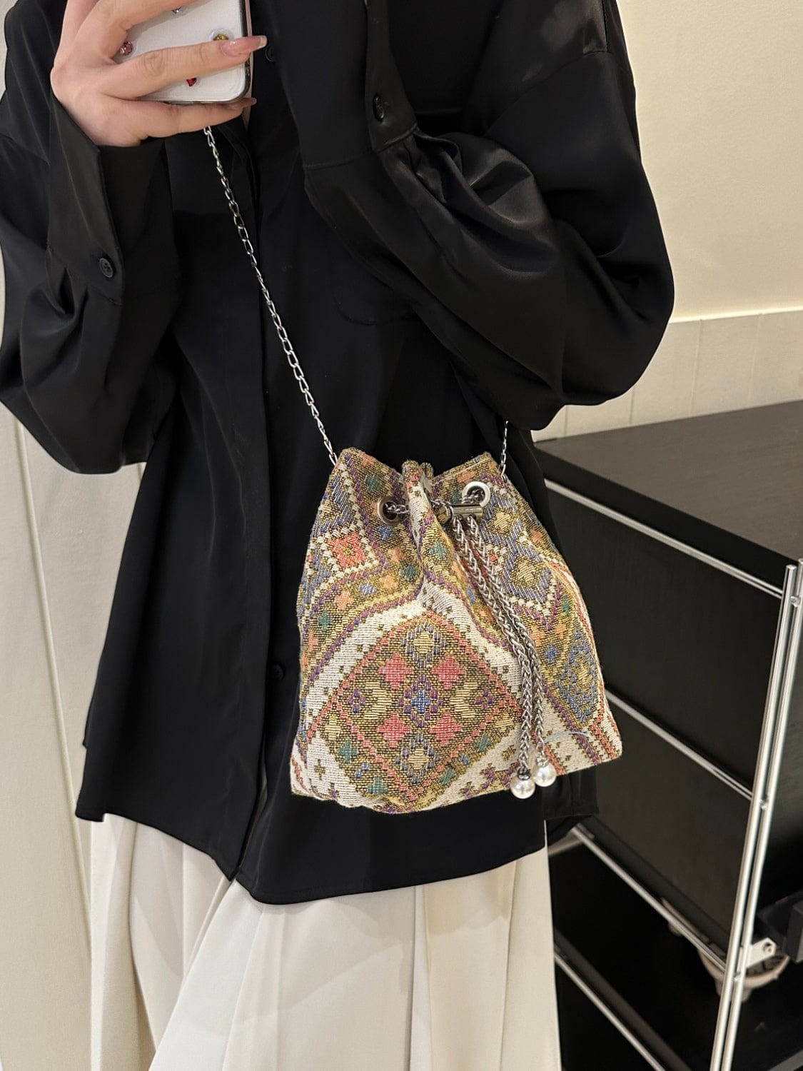 Black Printed Chain Bucket Bag