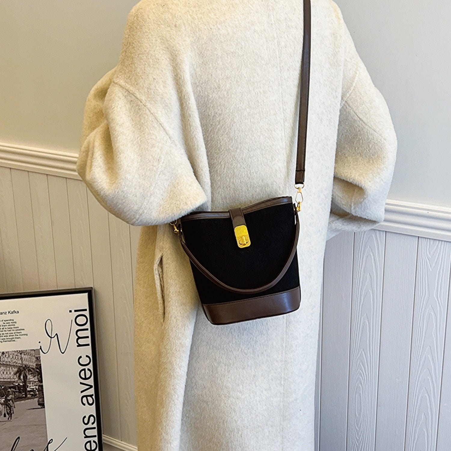 Gray PU Leather Bucket Crossbody Bag