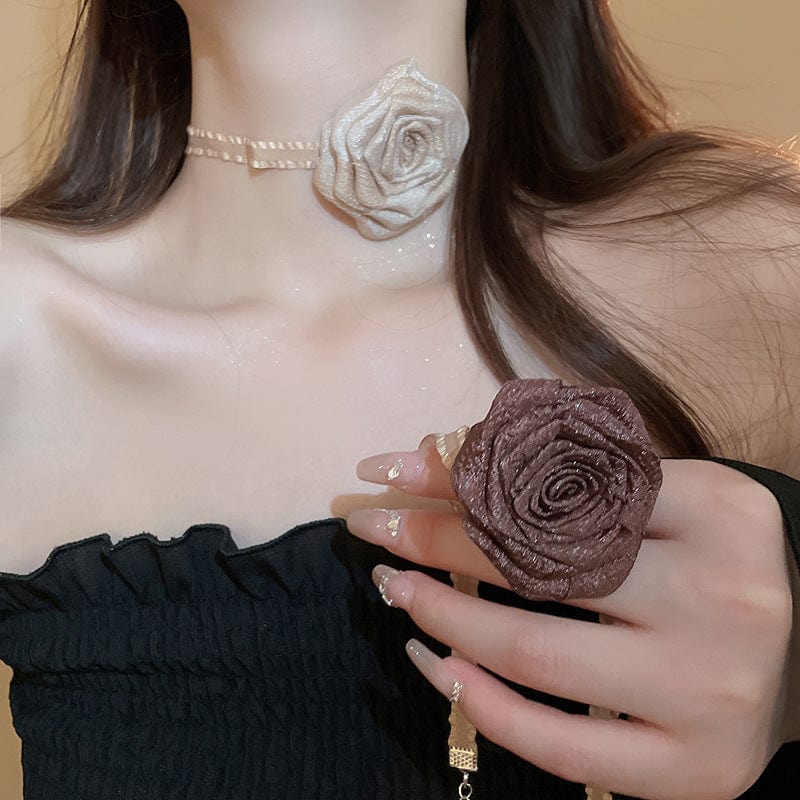 Rosy Brown 3D Rose Alloy Buckle Necklace