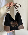 Suede Patch Adjustable Strap Tote Bag