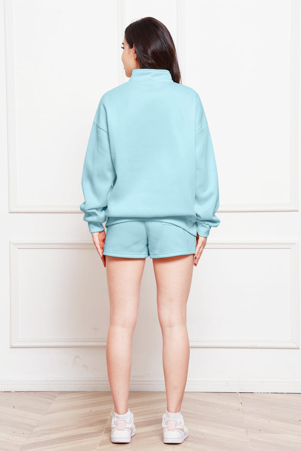 Lavender Half Zip Long Sleeve Sweatshirt and Drawstring Shorts Set