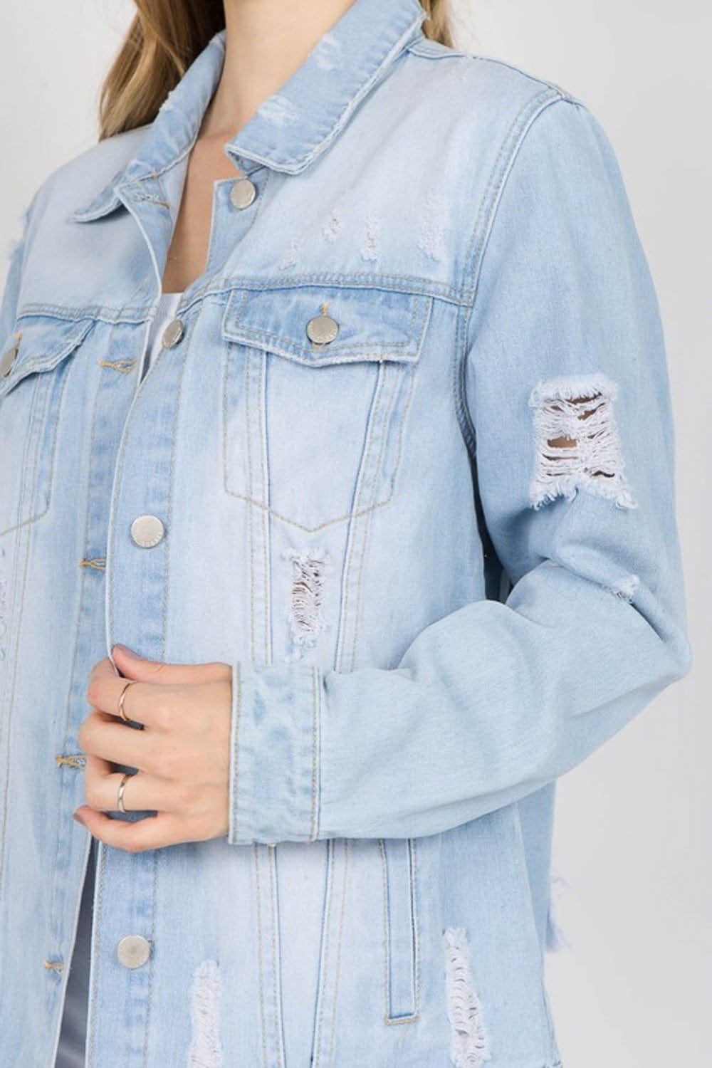 Light Gray American Bazi Letter Patched Distressed Denim Jacket