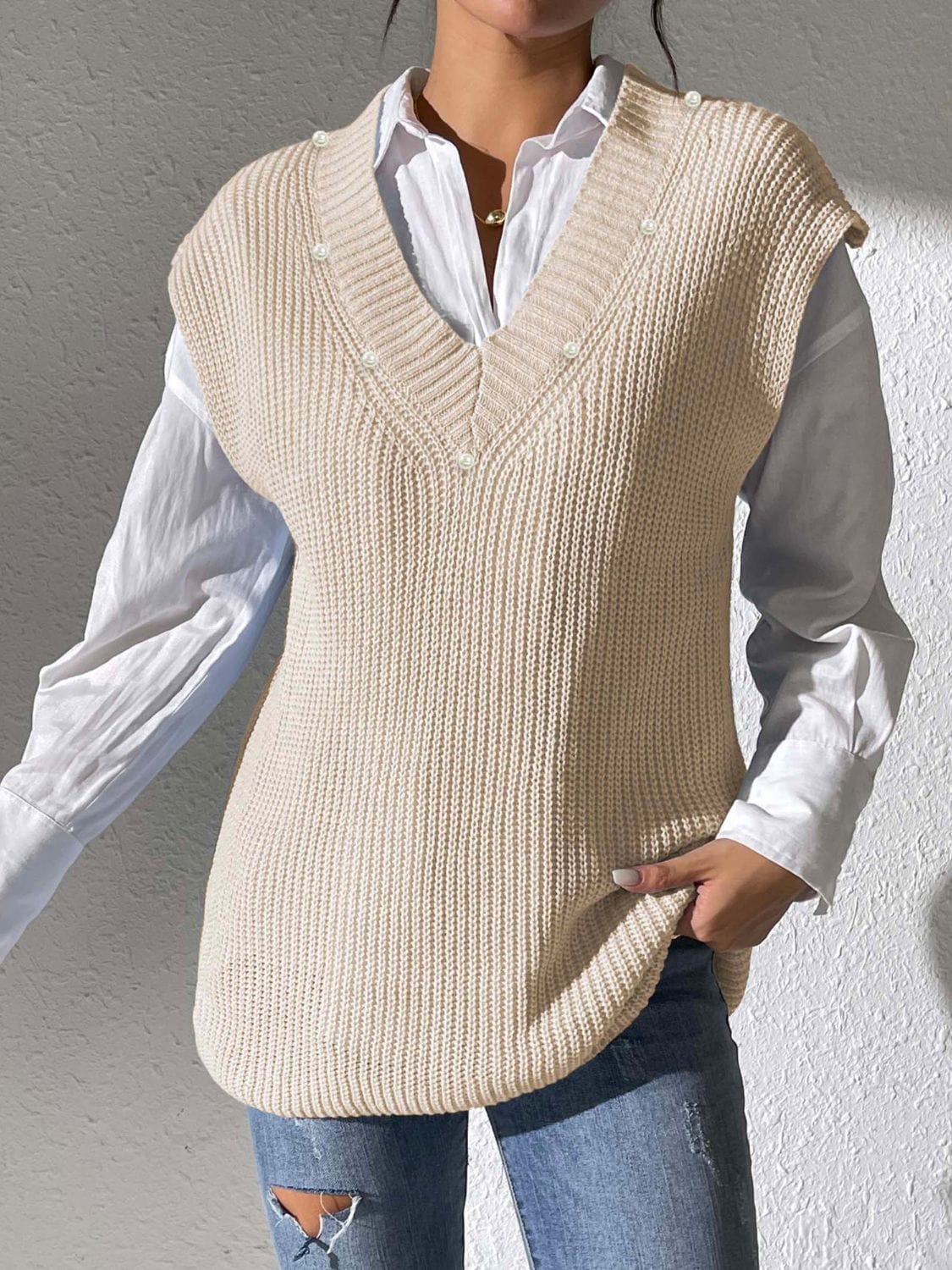 Gray Pearl Trim V-Neck Sweater Vest