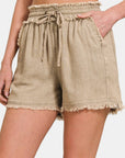 Rosy Brown Zenana Washed Linen Frayed Hem Drawstring Shorts