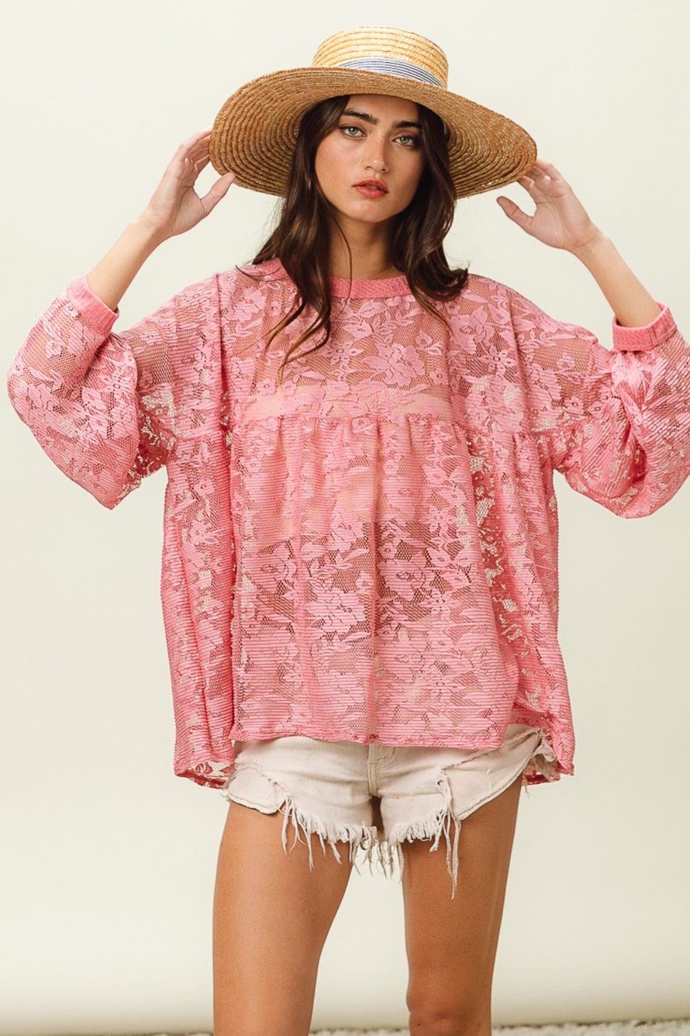 Light Gray BiBi Floral Lace Long Sleeve Top