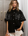 Dark Slate Gray BiBi Sequin Detail Raw Hem Short Sleeve Shirt